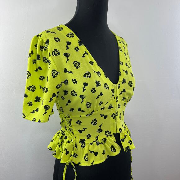 Collusion Yellow Black 6 Lace Up Side Top Ditsy Print Ribbed V-Neck Short Sleeve - Picture 5 of 8